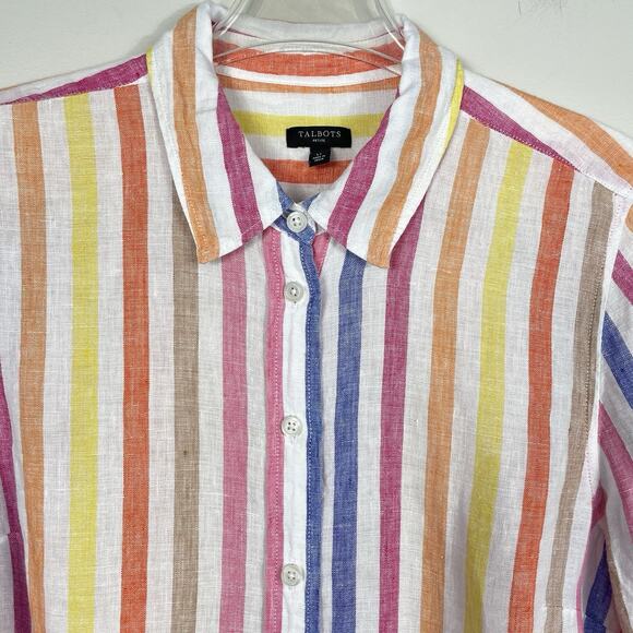 TALBOTS 100% Linen Boyfriend Shirt Petite Size LP Colorful Rockport Stripe - Picture 5 of 10